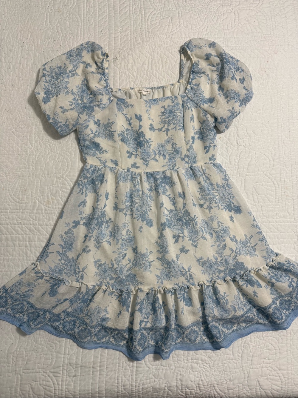 Blu Pepper Cream and Blue Floral Puff-Sleeve Mini Dress